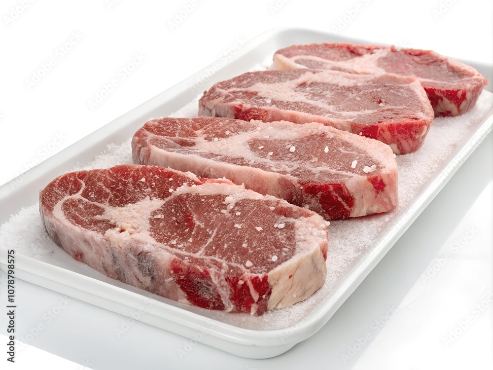 frozen rump steak beautifully folded on a white tray, isolated on a white background
frozen rump steak beautifully folded on a white tray, isolated on a white background