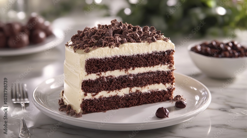 Delicious chocolate cake with cream and chocolate shavings on top Delicious chocolate cake with cream and chocolate shavings on top