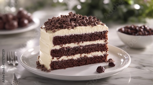 Delicious chocolate cake with cream and chocolate shavings on top