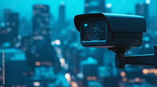 Hightech city skyline at night, surveillance cameras perched on every corner, ominous blue lights, wideangle shot from below, dystopian vibe