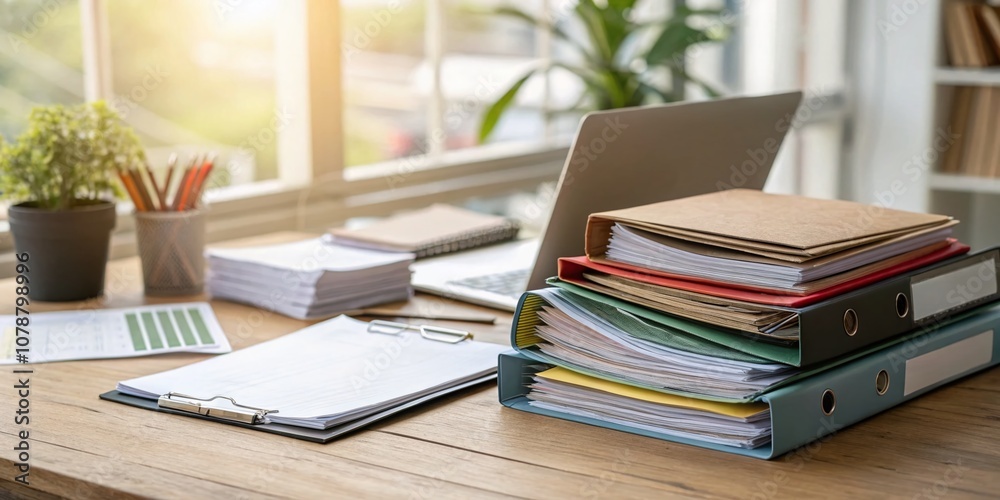 Organized Workspace with Folders and Documents Highlighting the Importance of Proper File Management in a Modern Office Setting Organized Workspace with Folders and Documents Highlighting the Importance of Proper File Management in a Modern Office Setting