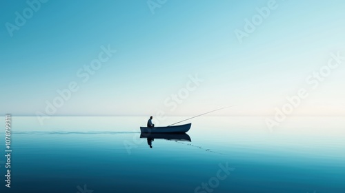 A serene scene of a lone fisherman in a small boat, casting his line on a calm, reflective body of water under a clear blue sky.