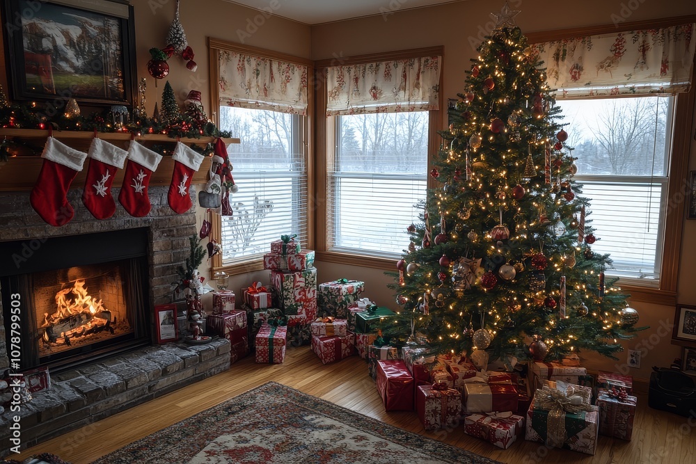 Beautifully decorated Christmas tree with lights, ornaments, and presents under it, next to an open fireplace with stockings hanging from the mantel, warmly lit room. Beautifully decorated Christmas tree with lights, ornaments, and presents under it, next to an open fireplace with stockings hanging from the mantel, warmly lit room.