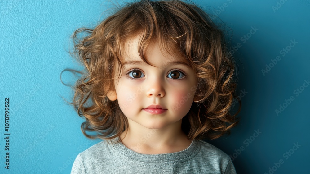 Naklejka premium A young girl with brown hair and a gray shirt is smiling at the camera. Concept of innocence and happiness, as the child's smile is genuine and her eyes are bright