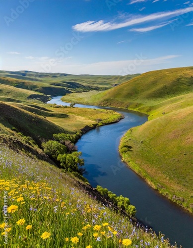 Winding River Through a Quiet Valley, Surrounded by Rolling Green Hills and Patches of Wildflowers Blooming Under the Bright Blue Sky of a Clear Spring Day