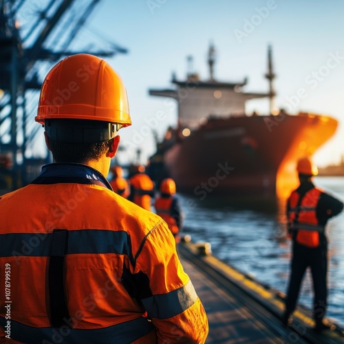 Workers in safety gear oversee loading operations at a busy shipping port during sunrise, showcasing industry and teamwork. photo