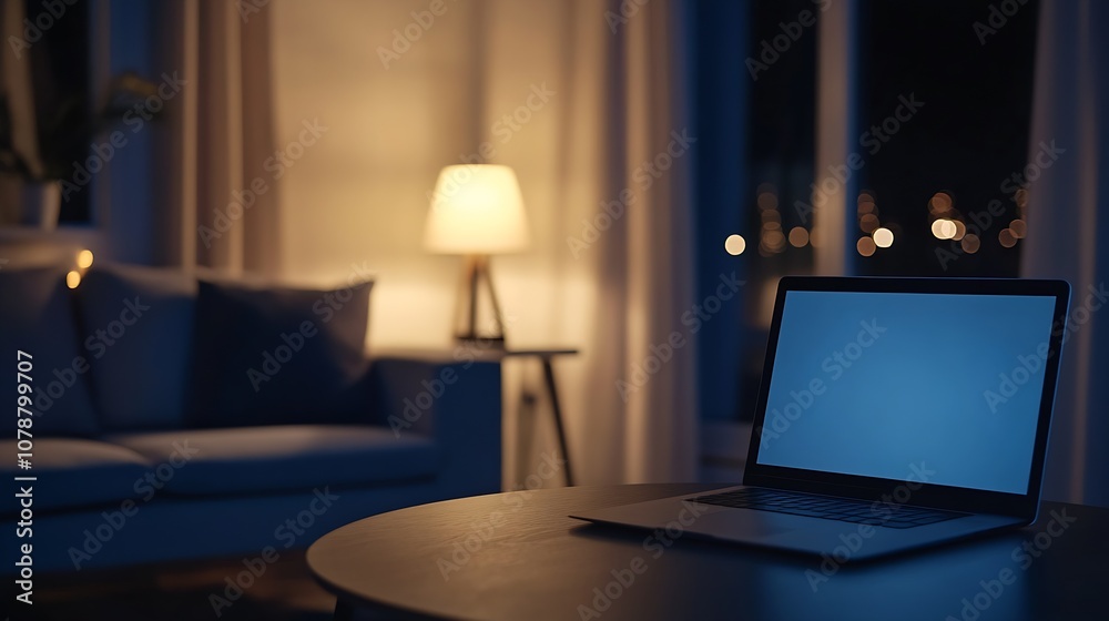 Ambient Lit Living Room Featuring Laptop on Table During Nighttime : Generative AI Ambient Lit Living Room Featuring Laptop on Table During Nighttime : Generative AI