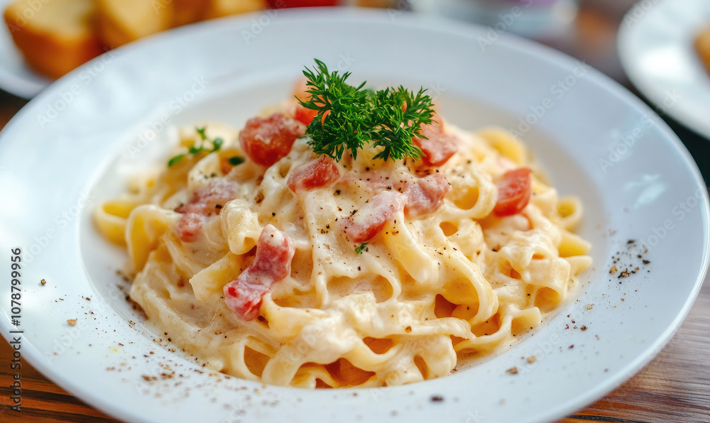 Italian gourmet gastronomy - fussili pasta with bechamel cream sauce on top Italian gourmet gastronomy - fussili pasta with bechamel cream sauce on top
