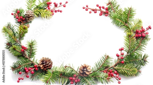 A Beautiful Decorative Christmas Wreath Frame with a Festive Christmas Border, Standing Isolated on a Pristine White Background. Delightful Holiday Ornamentation in a Simple and Clean Setting.