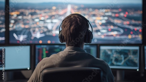 A man wearing headphones sits in front of multiple monitors, looking at a city skyline. photo