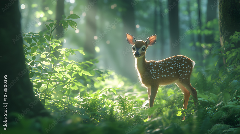 deer in the forest, standing on its hind legs and looking back at me with light streaming through the trees deer in the forest, standing on its hind legs and looking back at me with light streaming through the trees