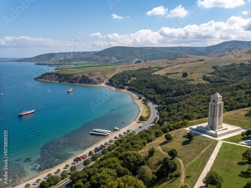 Panoramic View of Anzac Cove: A Tribute to Anakkale Zaferi, Showcasing the Serene Landscape and Historical Significance of the Gallipoli Campaign in Turkey's Rich Heritage photo