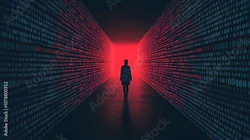 A person walking through a digital maze, walls made of binary codes, dark atmosphere, glowing light from the center, wide angle