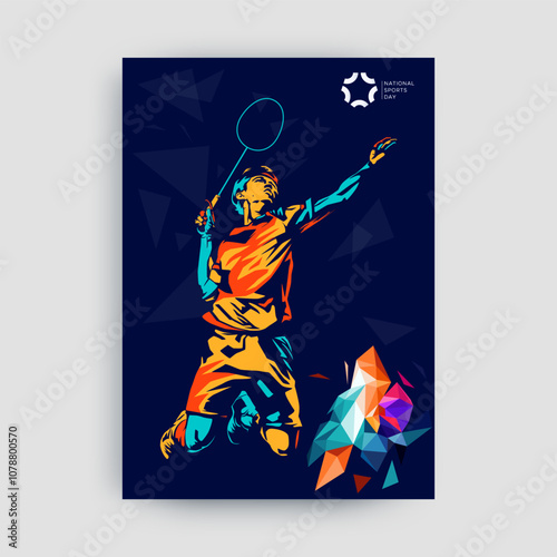 badminton sports concept poster design, vector illustration of a badminton athlete with a jumping smash. colored silhouette style design, grunge. badminton national sports day celebration design conce