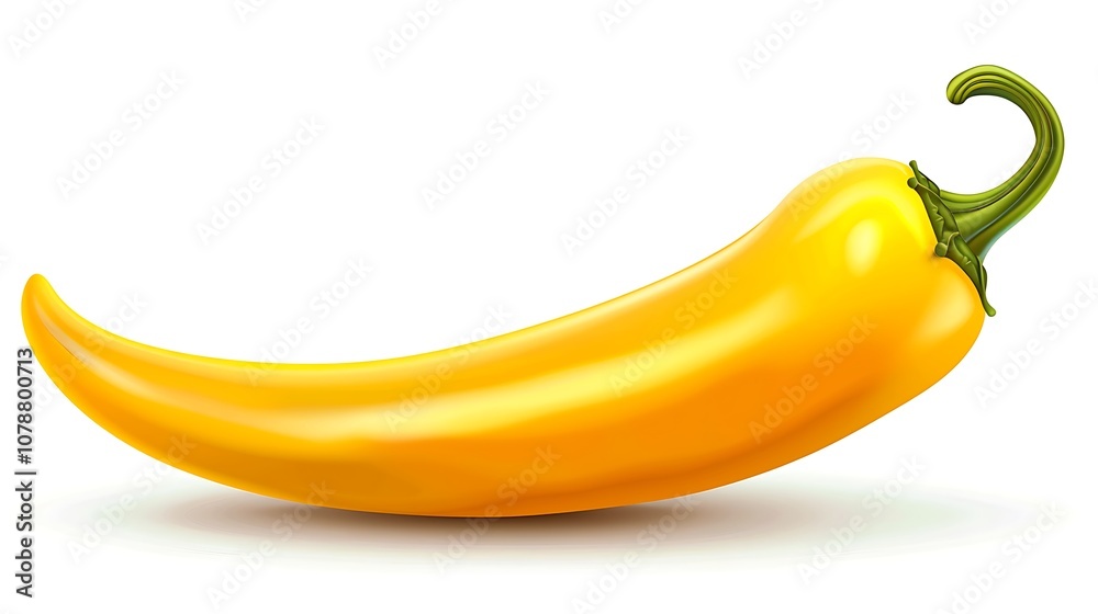 A vibrant yellow chili pepper resting on a white background, showcasing its smooth texture and bright color in sharp contrast A vibrant yellow chili pepper resting on a white background, showcasing its smooth texture and bright color in sharp contrast
