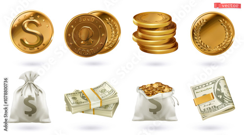 Money 3d cartoon vector set