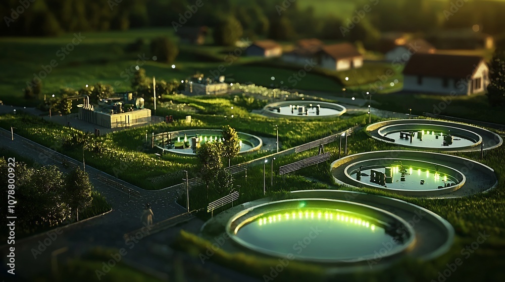 Obraz premium Conceptual of Decentralized Glowing Wastewater Treatment Units in Rural Landscape