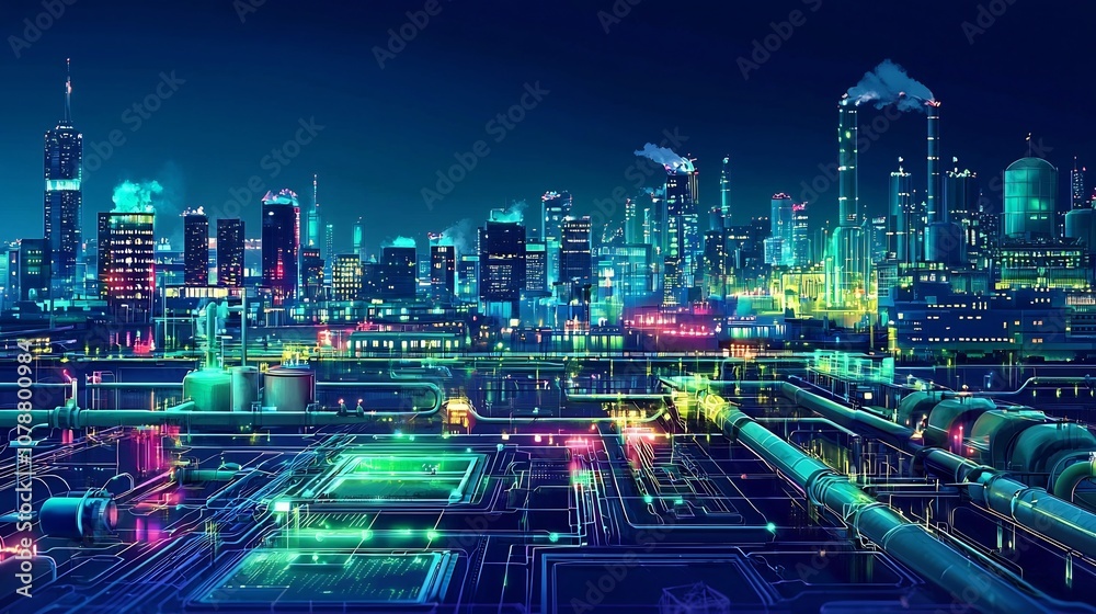 Glowing Cityscape Showcasing Wastewater Treatment and Recycling in Urban Planning Glowing Cityscape Showcasing Wastewater Treatment and Recycling in Urban Planning