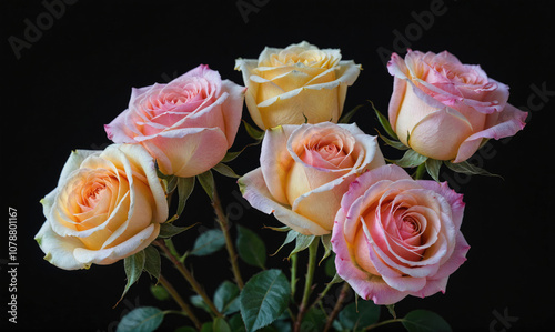 Six pink and yellow roses bloom against a dark background