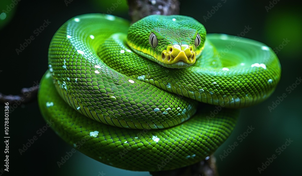Fototapeta premium AI generator image of green Snake coiled up on a branch.snake’s bright green scales with black edging shimmer slightly in the dappled sunlight filtering through the leaves. 