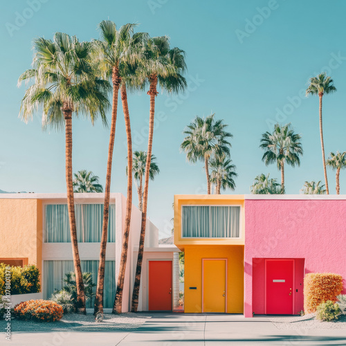 A charming boutique hotel with palm trees and vibrant, colorful architecture, offering a unique and relaxing escape.
