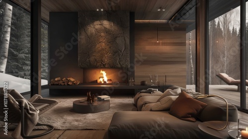 minimalist rustic cabin with roaring fireplace babf fbc generated illustration photo