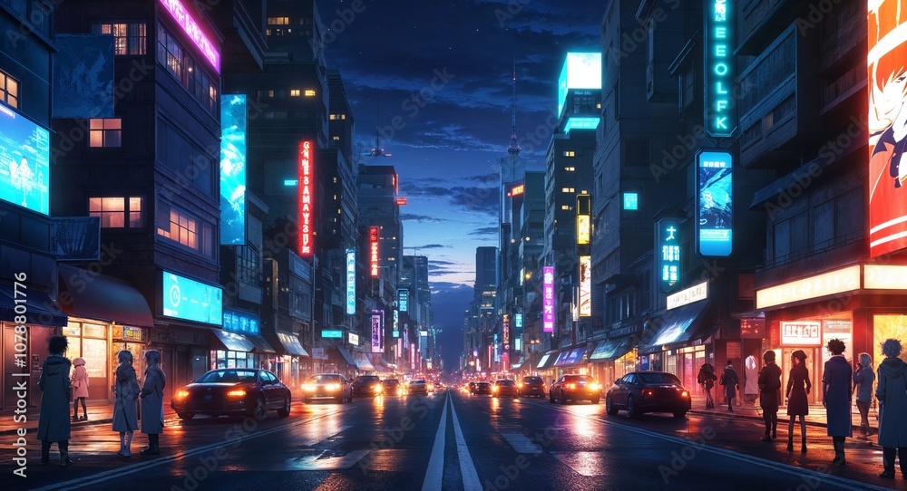 Fototapeta premium Anime cityscape twilight glowing lights busy streets futuristic atmosphere