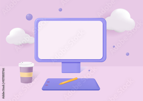 3D computer with graphics tablet for designers, editors. Video editing, designer's work. Vector illustration