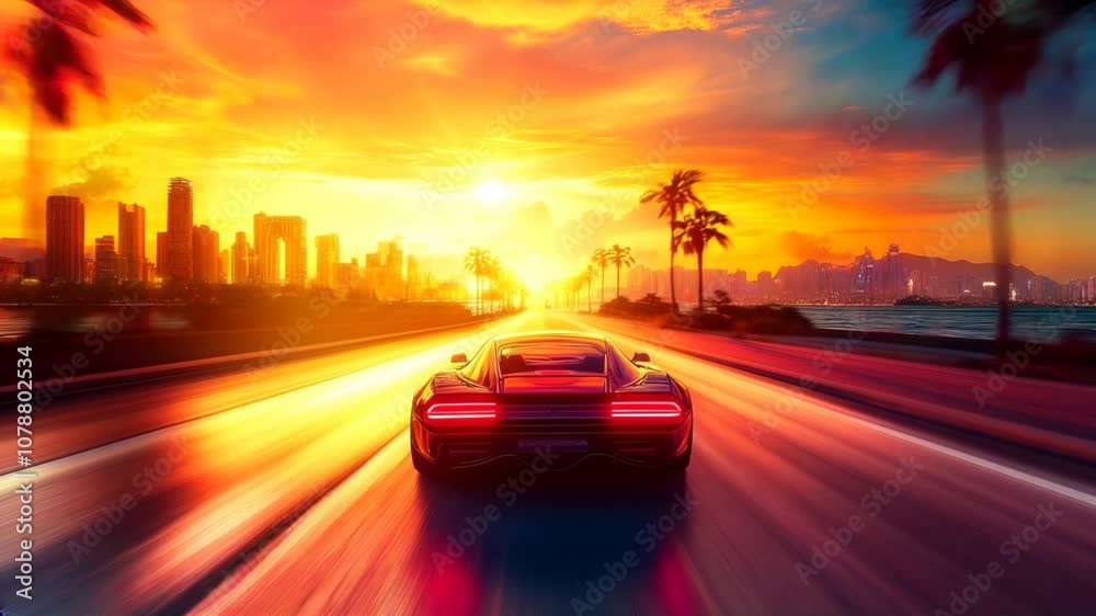 Viaje Retro-Futurista hacia el Horizonte: carro futurista, atardecer vibrante, carretera tropical, palmas, ciudad moderna, reflejos, velocidad, libertad, diseño único, nostalgia y aventura.