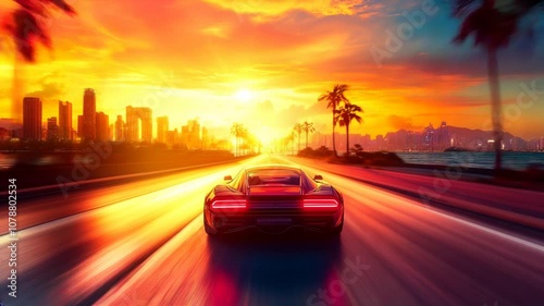 Viaje Retro-Futurista hacia el Horizonte: carro futurista, atardecer vibrante, carretera tropical, palmas, ciudad moderna, reflejos, velocidad, libertad, diseño único, nostalgia y aventura.