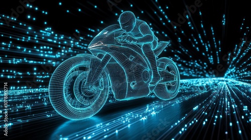 Motorcycle drifting on the road , A futuristic road made of glowing and blue data streams,  photo