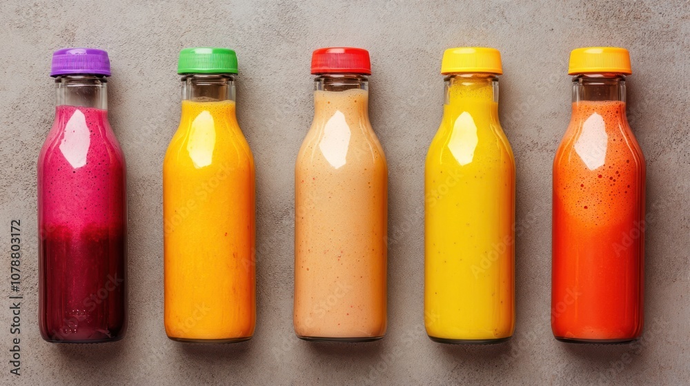 A vibrant array of colorful bottled juices on a textured surface. A vibrant array of colorful bottled juices on a textured surface.