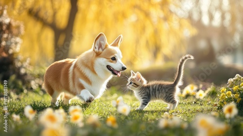 Playful Puppy and Kitten in a Flowery Meadow