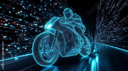 Motorcycle drifting on the road , A futuristic road made of glowing and blue data streams,  photo