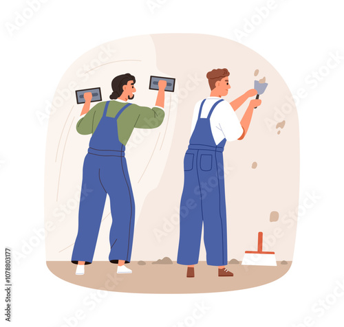Wall renovation and repair. Building workers plastering and smoothing drywall. Builders, construction workmen renovating, work with trowel. Flat vector illustration isolated on white background