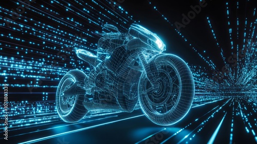 Motorcycle drifting on the road , A futuristic road made of glowing and blue data streams,  photo