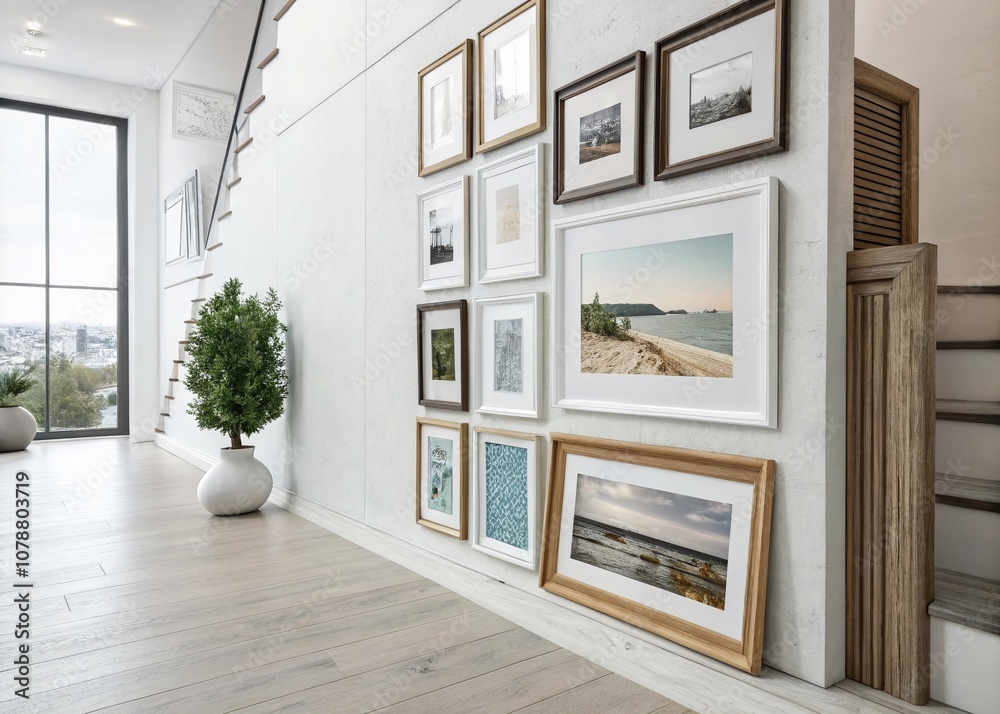 Realistic 3D Mockup of Photo Frames on a Minimalistic White Wall with Ample Copy Space for Creative Presentations and Interior Design Projects Realistic 3D Mockup of Photo Frames on a Minimalistic White Wall with Ample Copy Space for Creative Presentations and Interior Design Projects