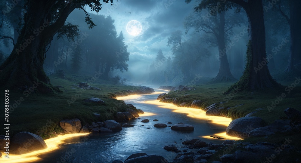 Anime enchanted river glowing water misty forest mystical beauty Anime enchanted river glowing water misty forest mystical beauty