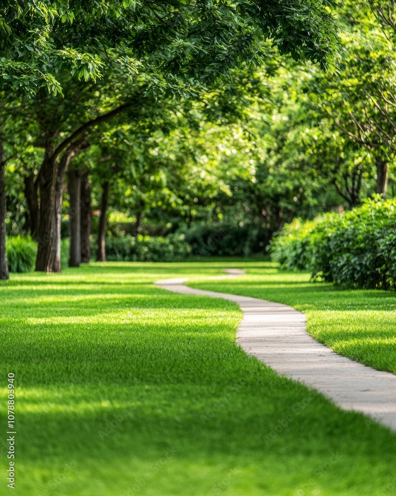 A serene pathway winds through lush greenery, lined by trees, inviting a peaceful walk in a tranquil park setting.