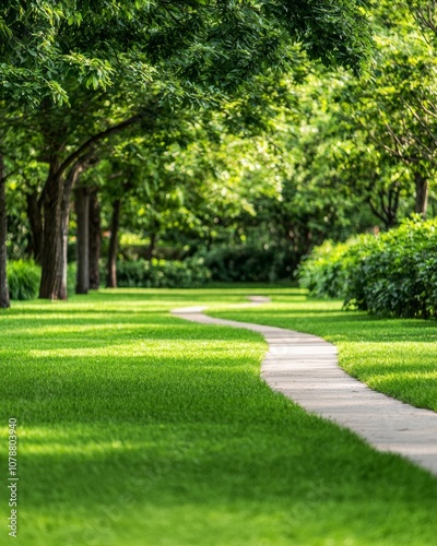 A serene pathway winds through lush greenery, lined by trees, inviting a peaceful walk in a tranquil park setting.