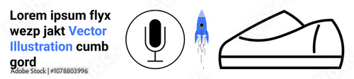 Microphone, blue rocket, minimal shoe outline, and text elements. Ideal for technology, fitness, fashion, business, media education and innovation. Landing page