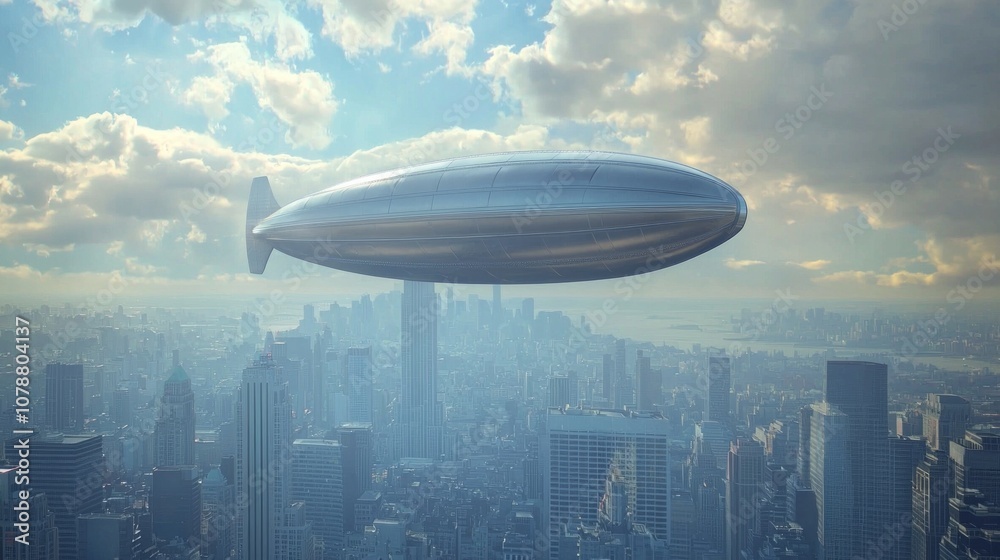 sleek airship floats effortlessly sky casting shadows bustling city sleek airship floats effortlessly sky casting shadows bustling city