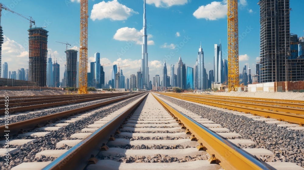 Fototapeta premium A train track runs through a construction zone, lined by towering skyscrapers and blue sky, showcasing urban development in a modern cityscape.