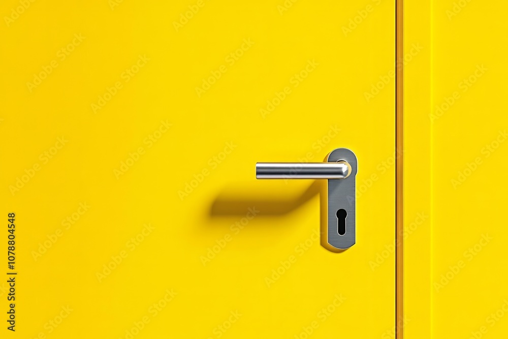 Bright yellow solid background with a simple silver door handle Bright yellow solid background with a simple silver door handle