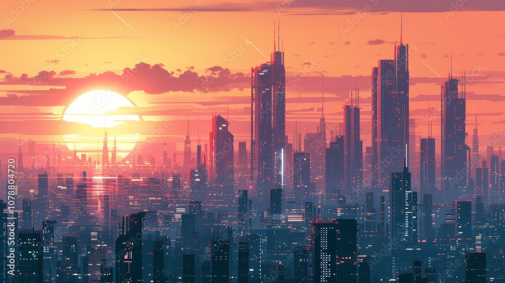 Fototapeta premium futuristic city skyline sunset mesmerizing and atmospheric portrayal futuristic city skyline bathed the warm glow sunset featuring towering skyscrapers urban architectu generated illustration