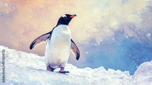 A penguin walks on the snow, in a stunning winter landscape, with a beautiful, colorful background