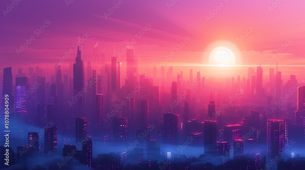 futuristic cityscape sunrise mesmerizing and atmospheric portrayal futuristic cityscape sunrise with glowing skyscrapers urban landscapes and morning mist evoking sense generated illustration