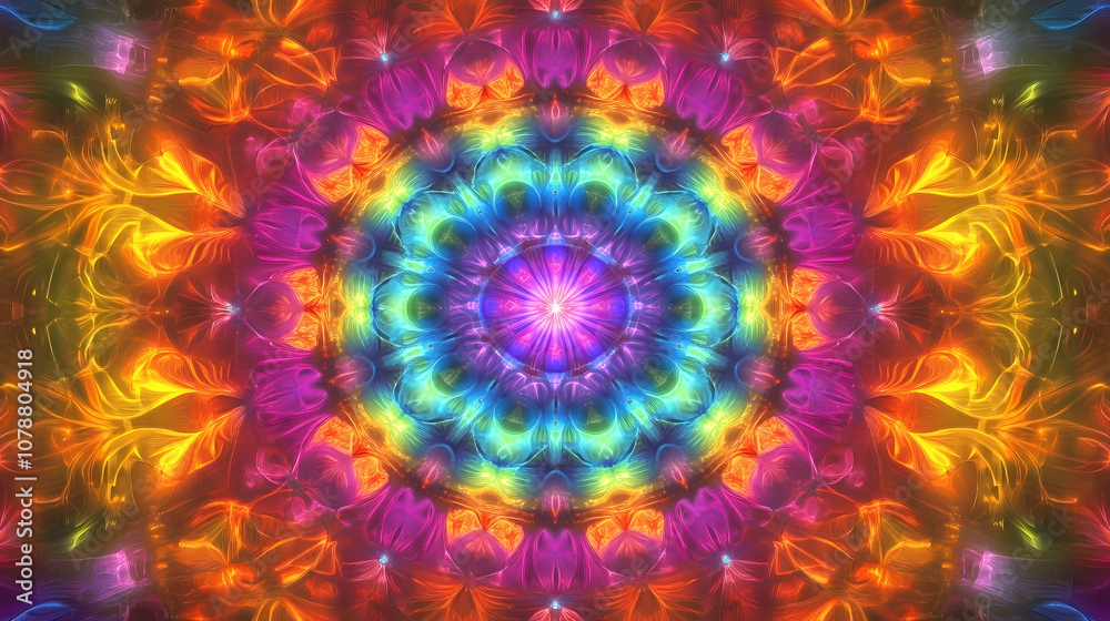 Flickering circle light in the symmetrical neon art tunnel. Kaleidoscope. Illustration Flickering circle light in the symmetrical neon art tunnel. Kaleidoscope. Illustration