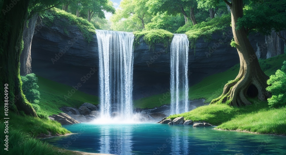 Fototapeta premium Anime forest waterfall cascading water serene vibes lush greenery