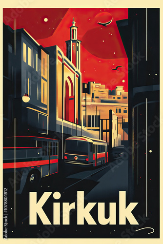 Kirkuk, Iraq, modern vintage travel poster, wallpaper, background, banner, backdrop, retro card print. Graphic designed, professional, simple. Dark, red, blue, white, black photo